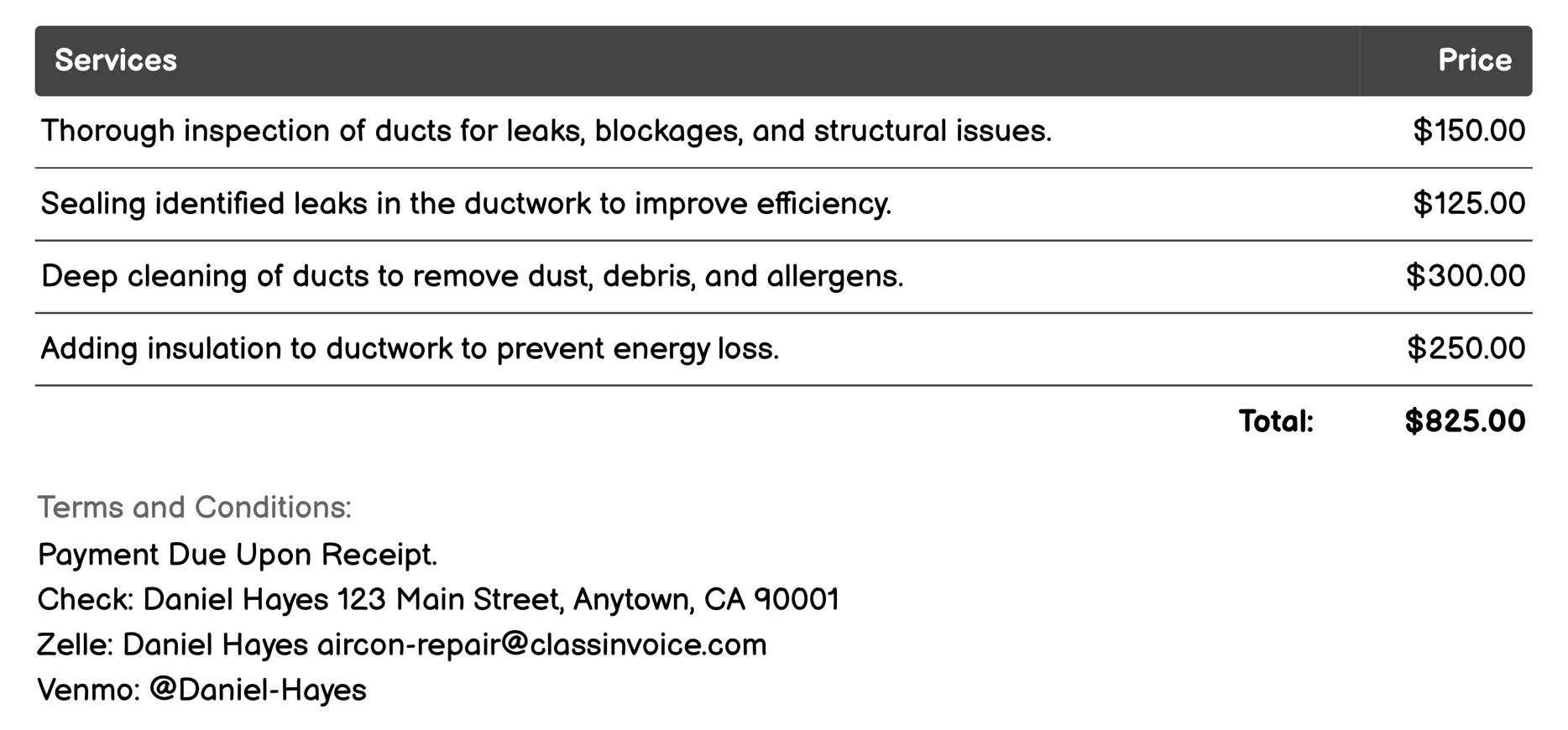 Ductwork Inspection and Repair Invoice Example