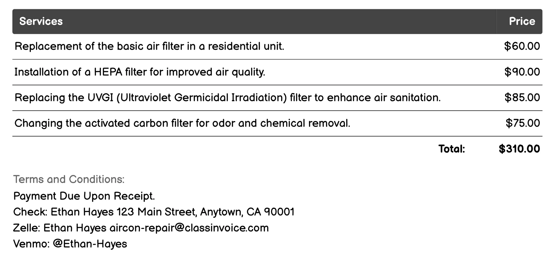 Filter Replacement Invoice Example