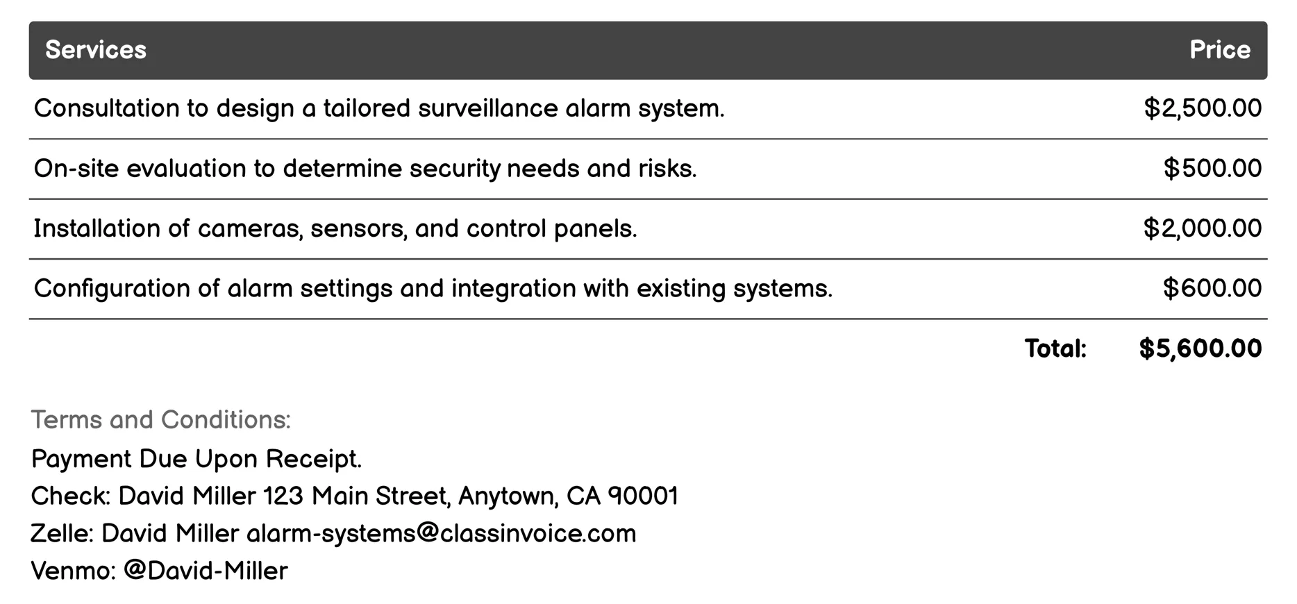 Surveillance Alarm System Invoice Example