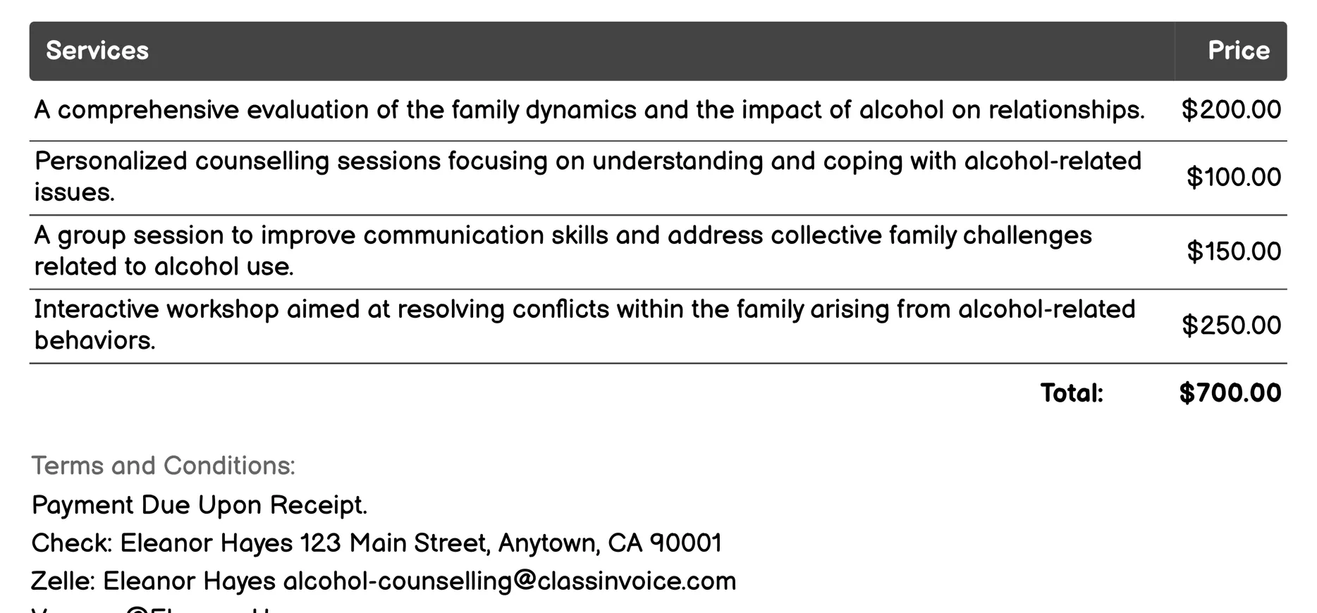 Family Therapy Invoice Example