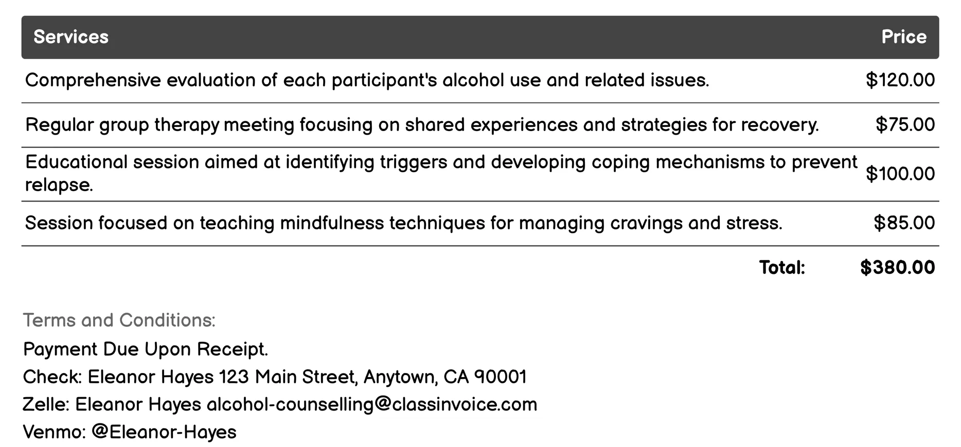 Group Therapy Invoice Example