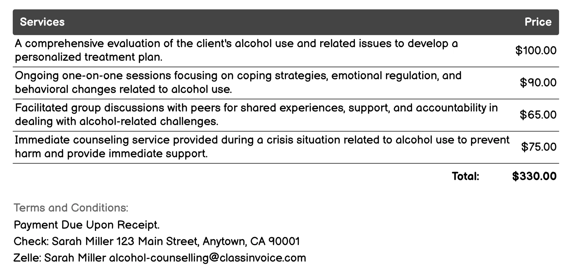 Teletherapy Counselling Invoice Example