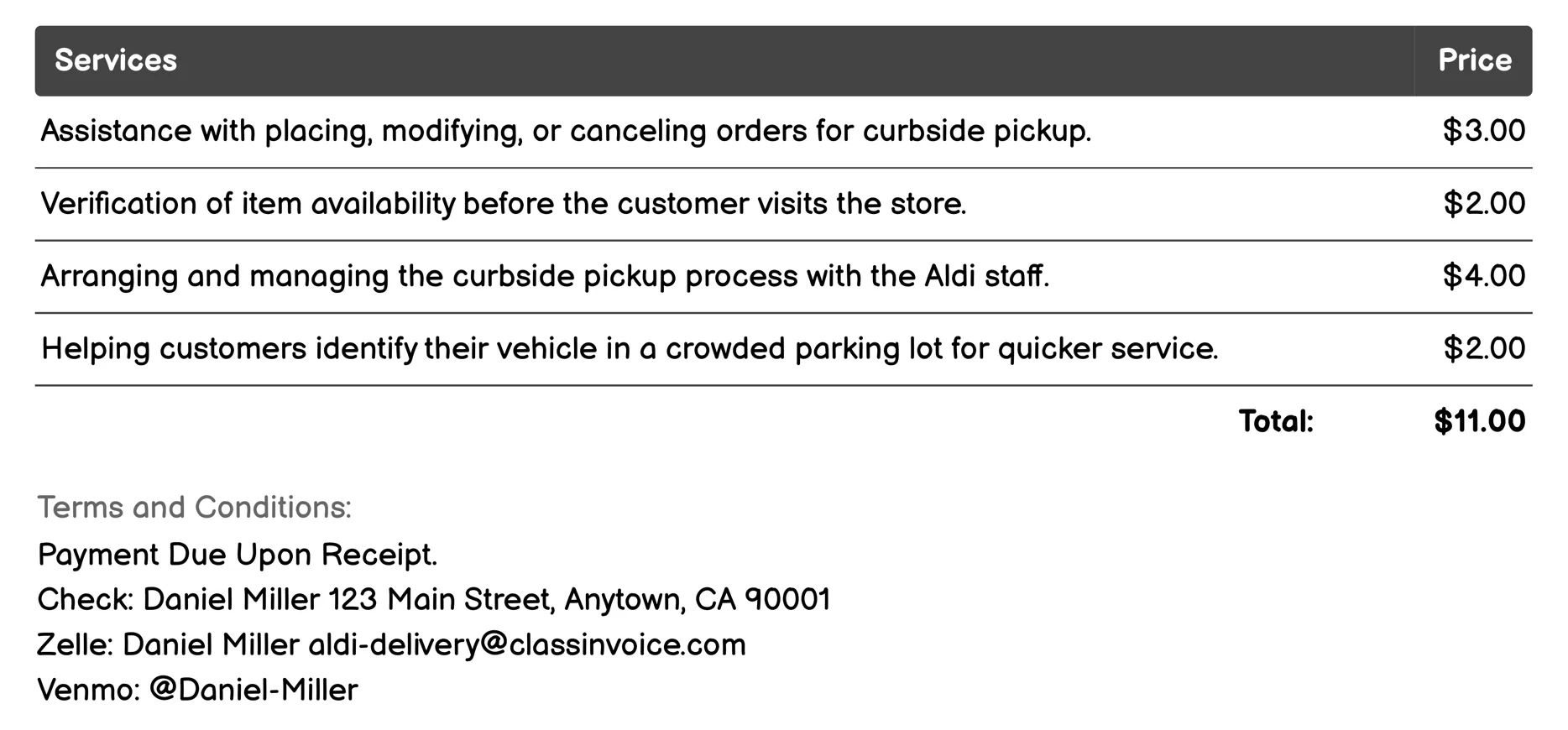 Curbside Pickup Invoice Example