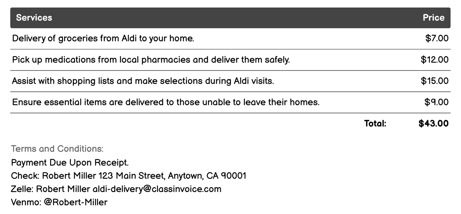 Family and Senior Support Delivery Invoice Example
