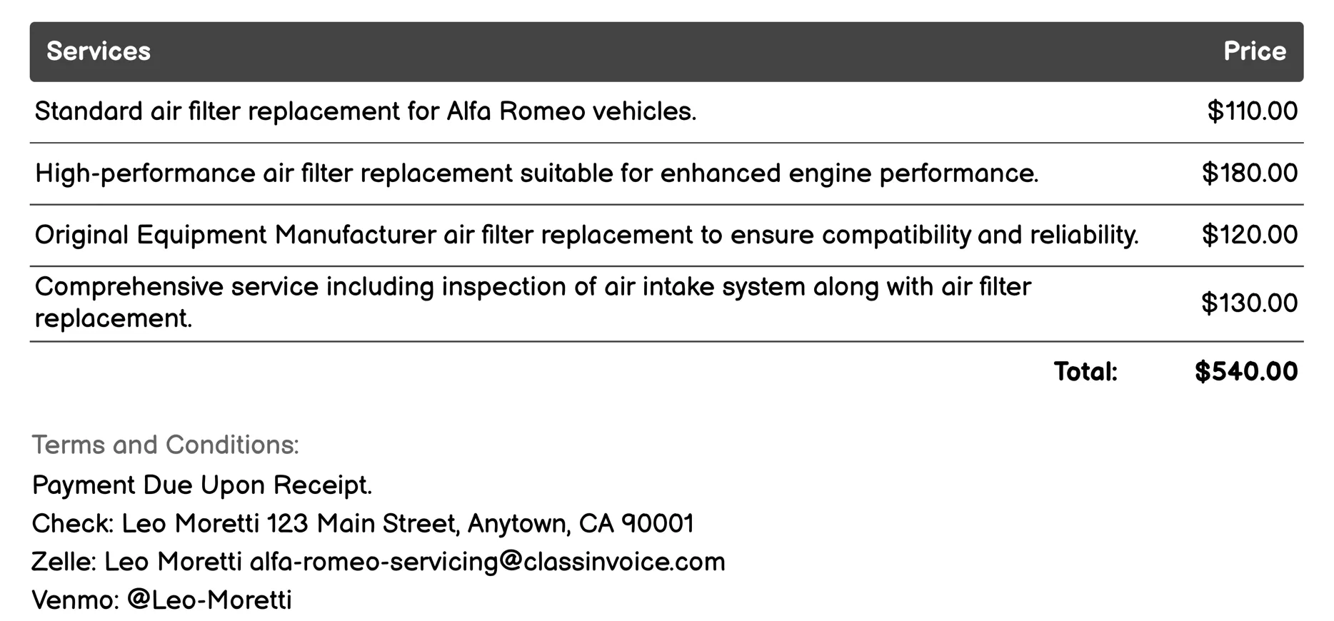 Air Filter Replacement Invoice Example