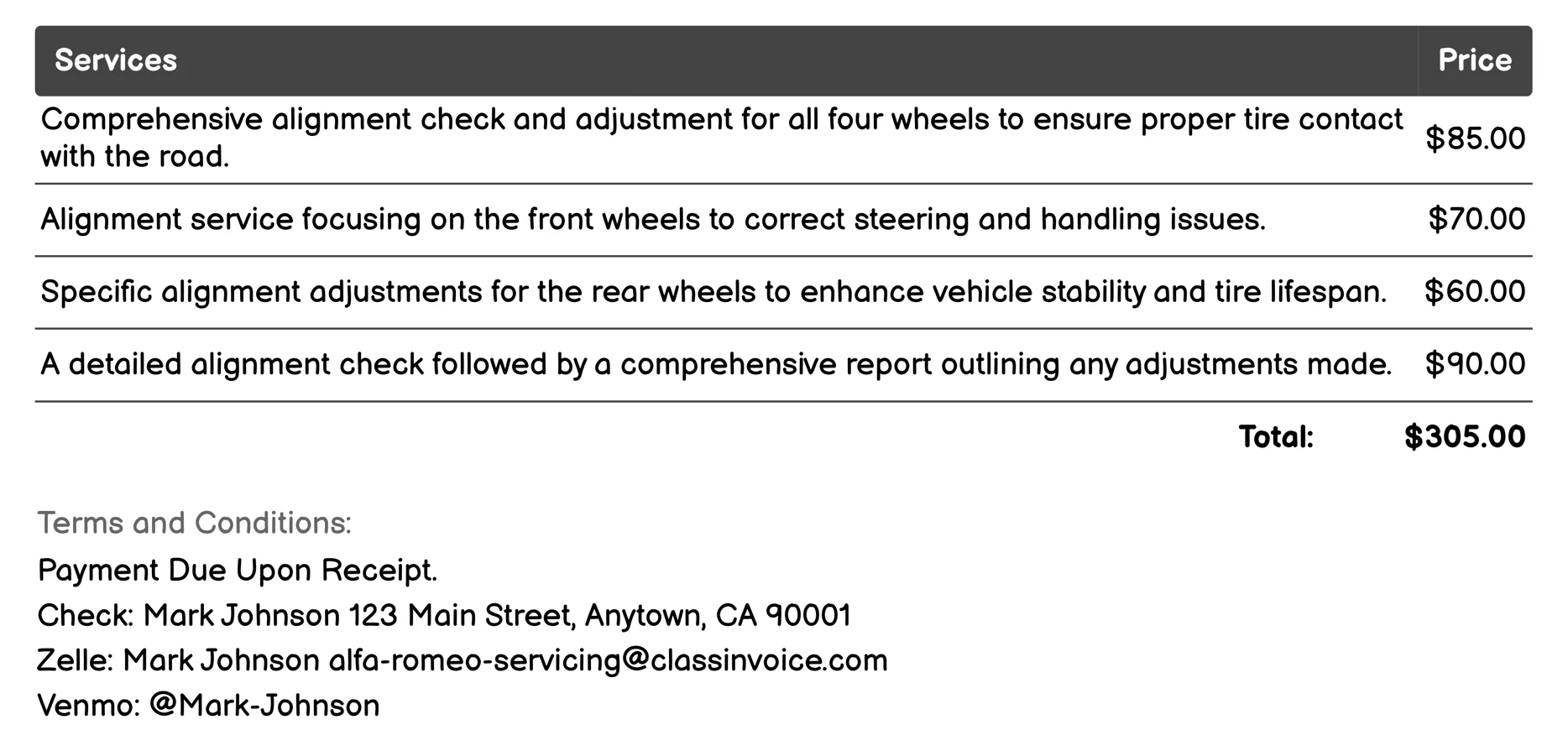 Alignment Check Invoice Example