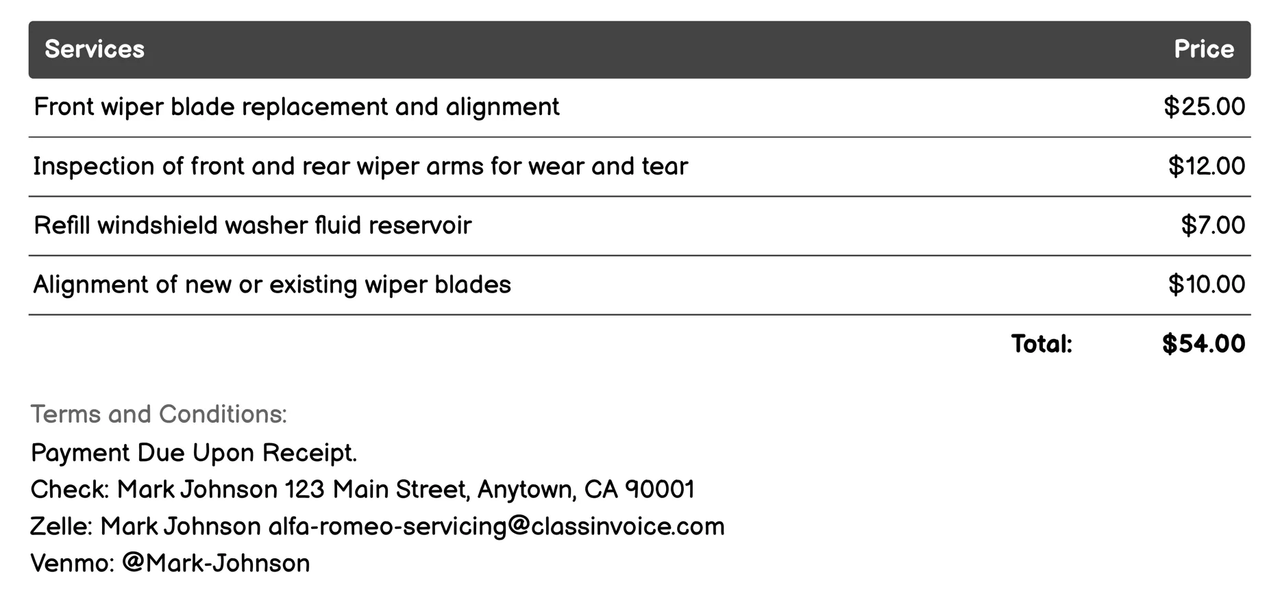 Wiper Blade Replacement Invoice Example