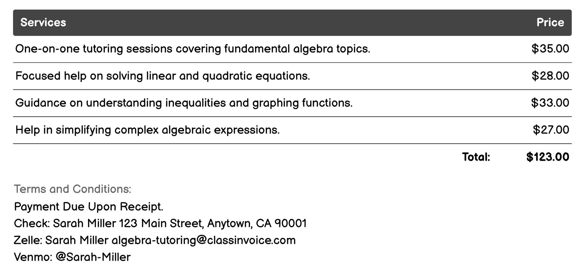 Algebra Homework Help Invoice Example