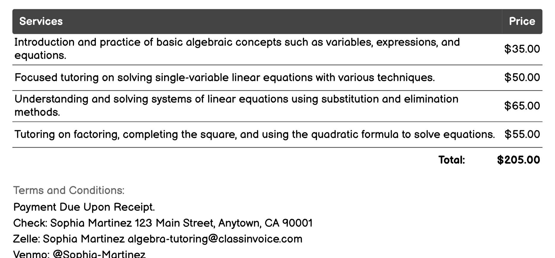 One-on-One Algebra Tutoring Invoice Example