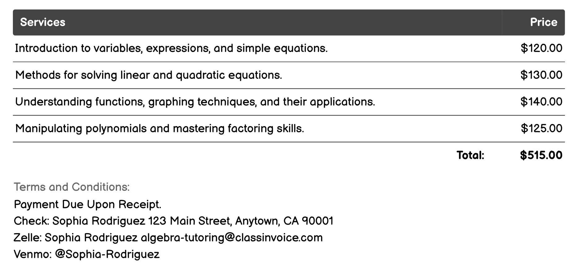 Summer Math Camps Invoice Example