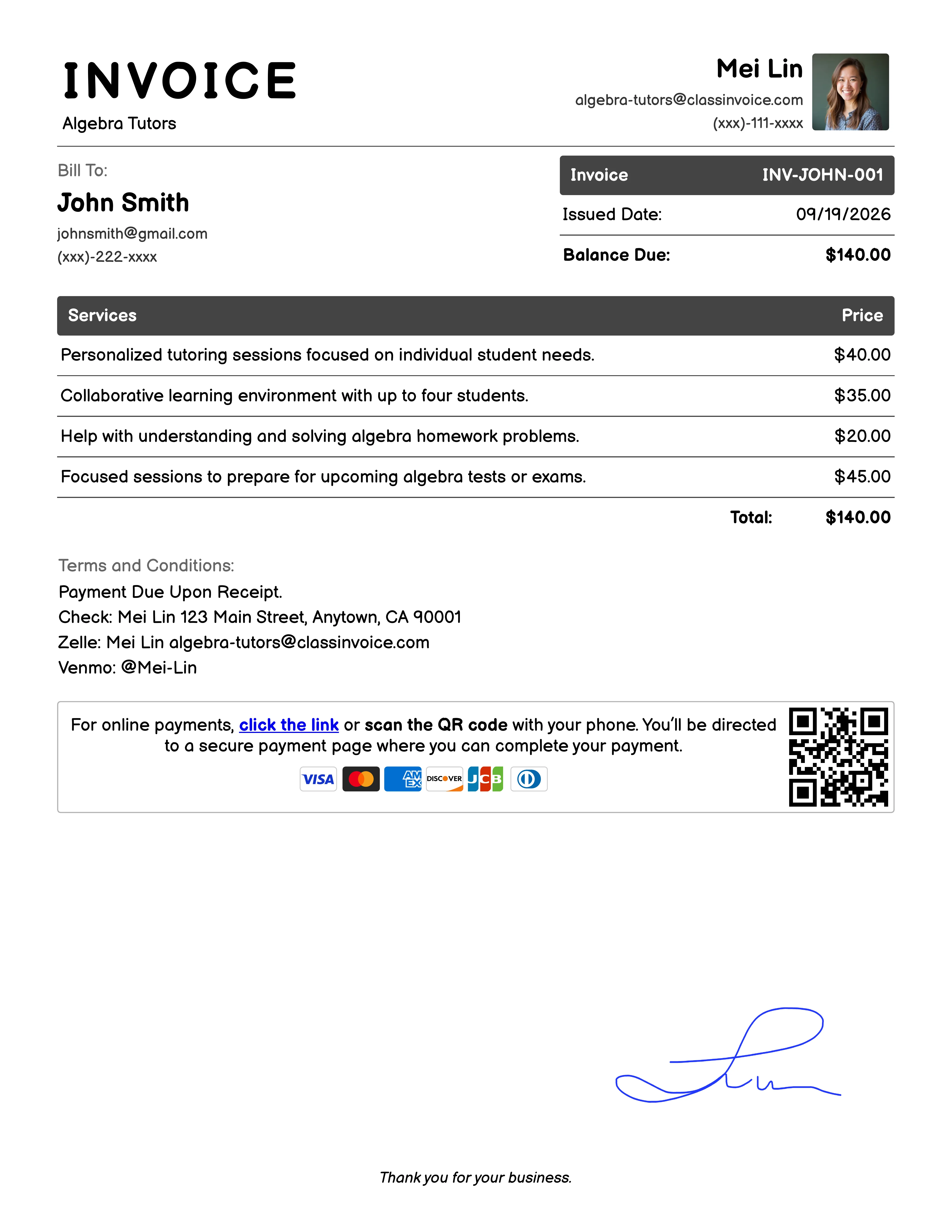 Algebra Tutors Invoice Exampl