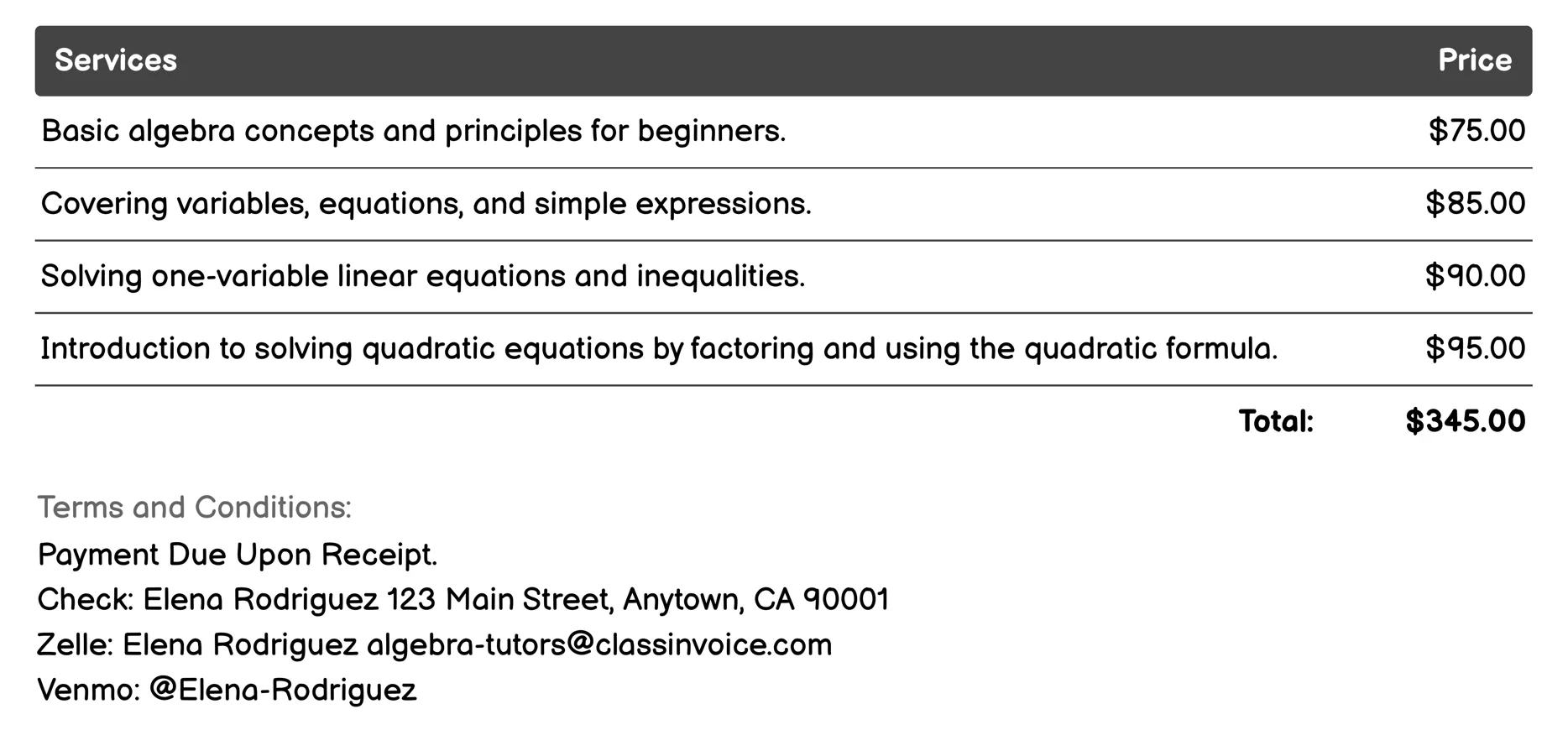 Group Classes Invoice Example