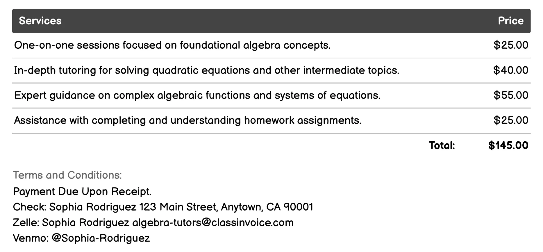 One-on-One Tutoring Invoice Example