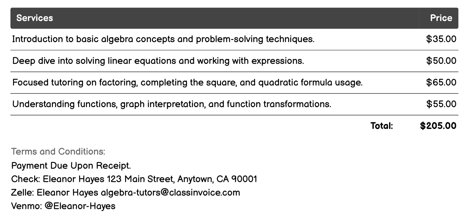 Online Tutoring Invoice Example