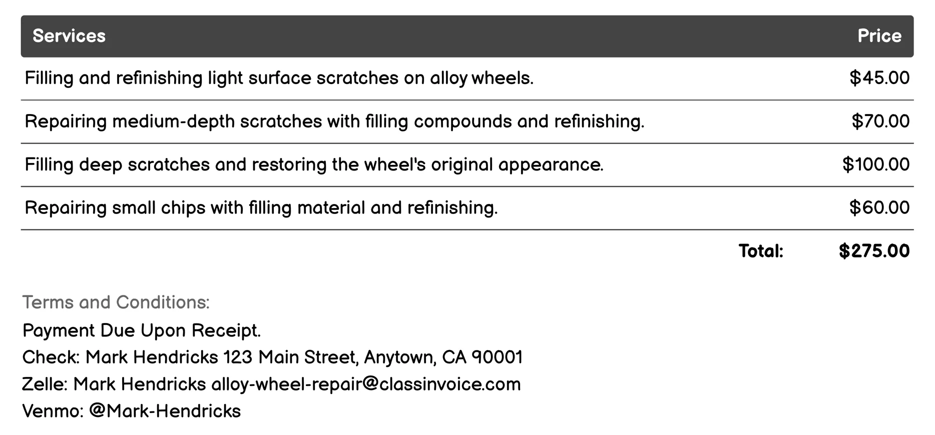 Chip and Scratch Filling Invoice Example