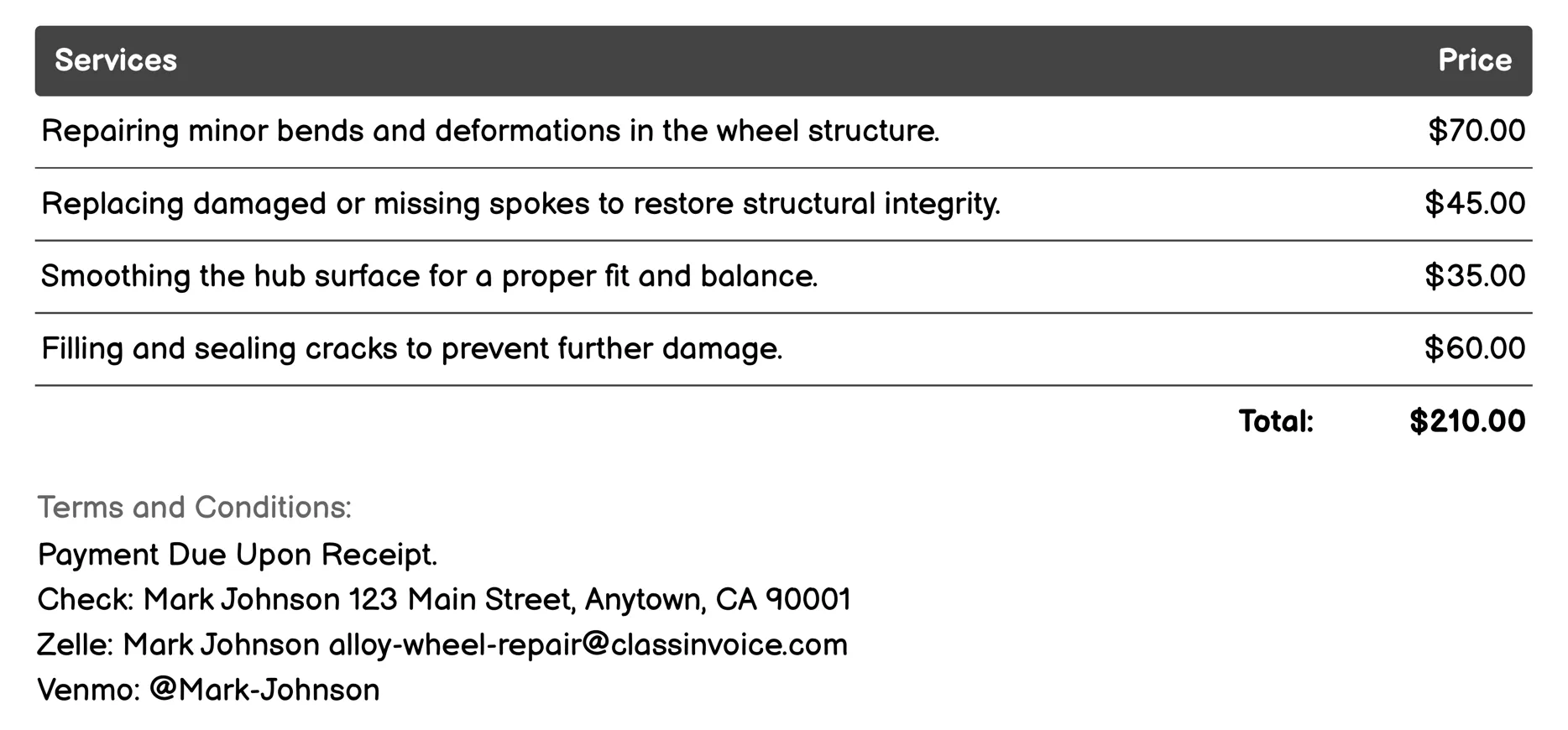Custom Wheel Refurbishment Invoice Example
