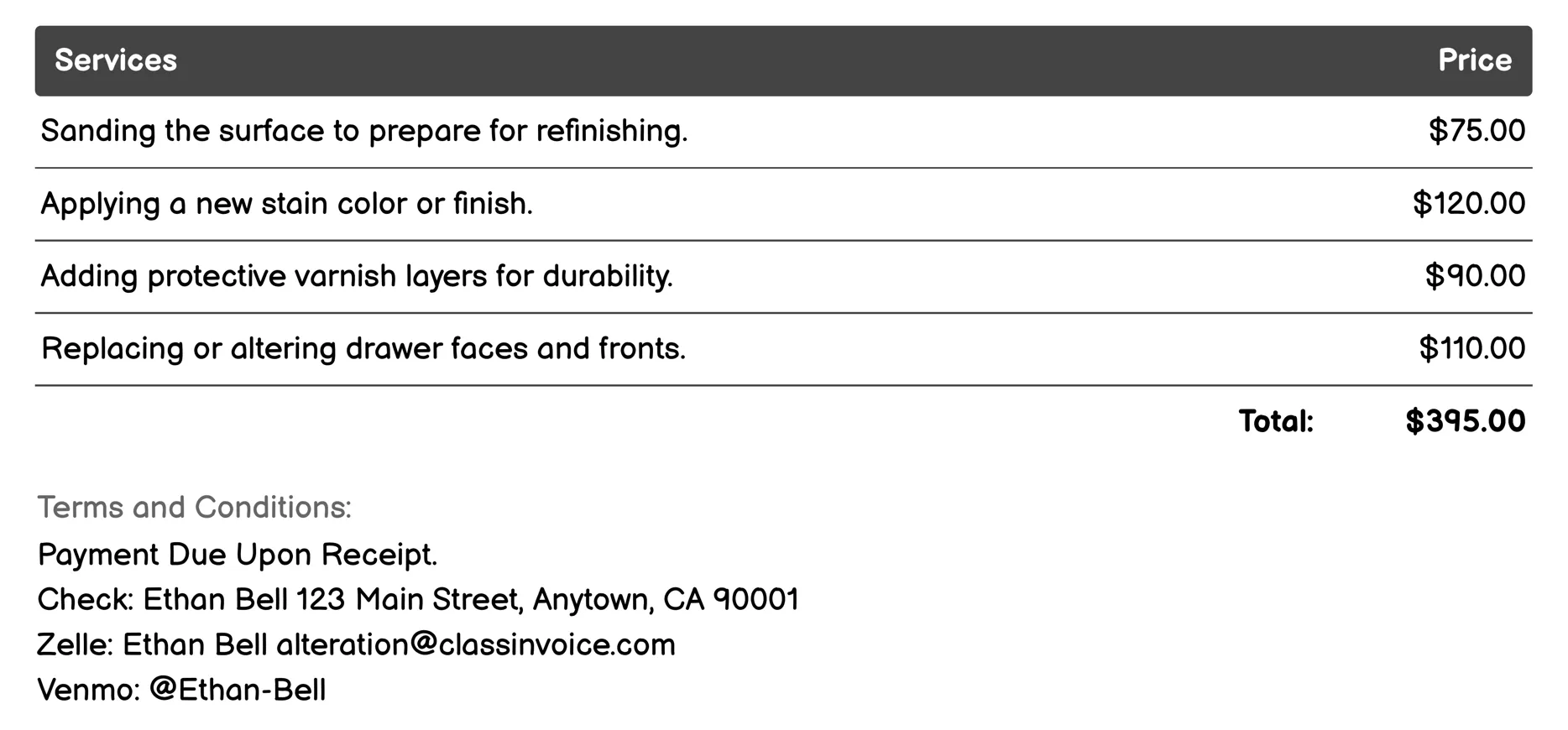 Furniture Refinishing Invoice Example