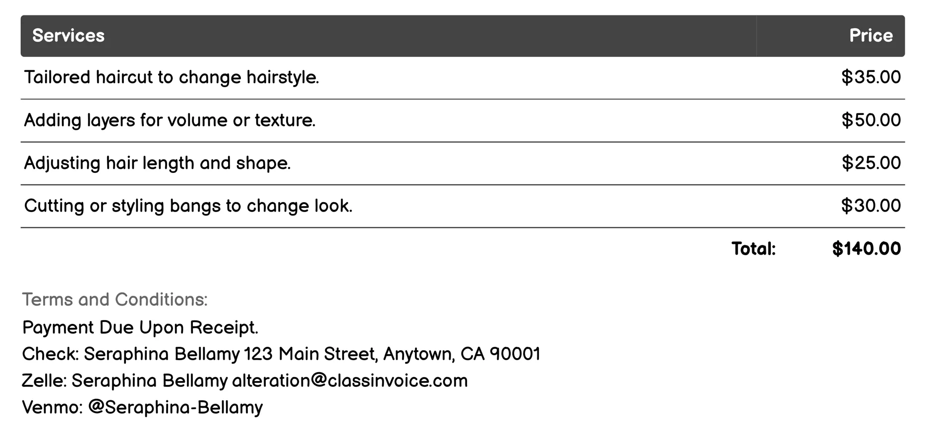 Hairstyling Alteration Invoice Example