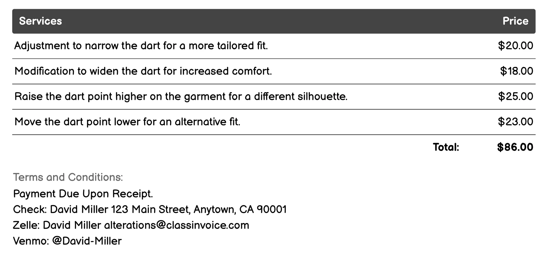 Dart Adjustment Invoice Example