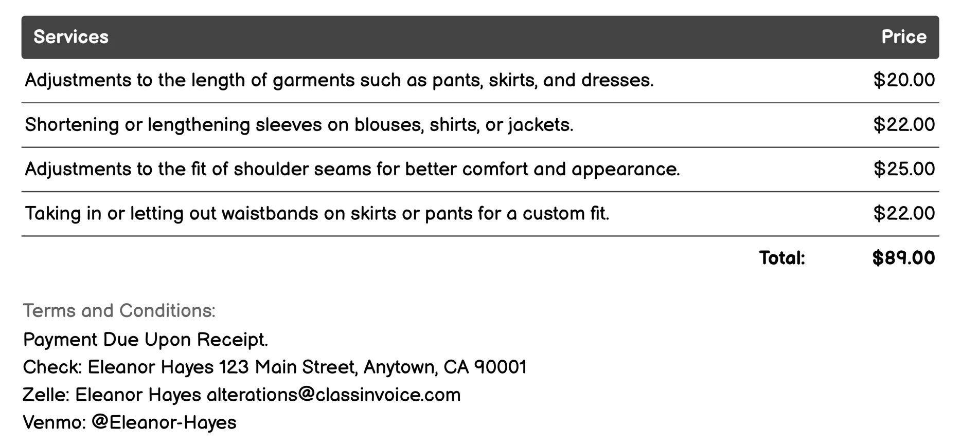 Fitting Adjustments Invoice Example