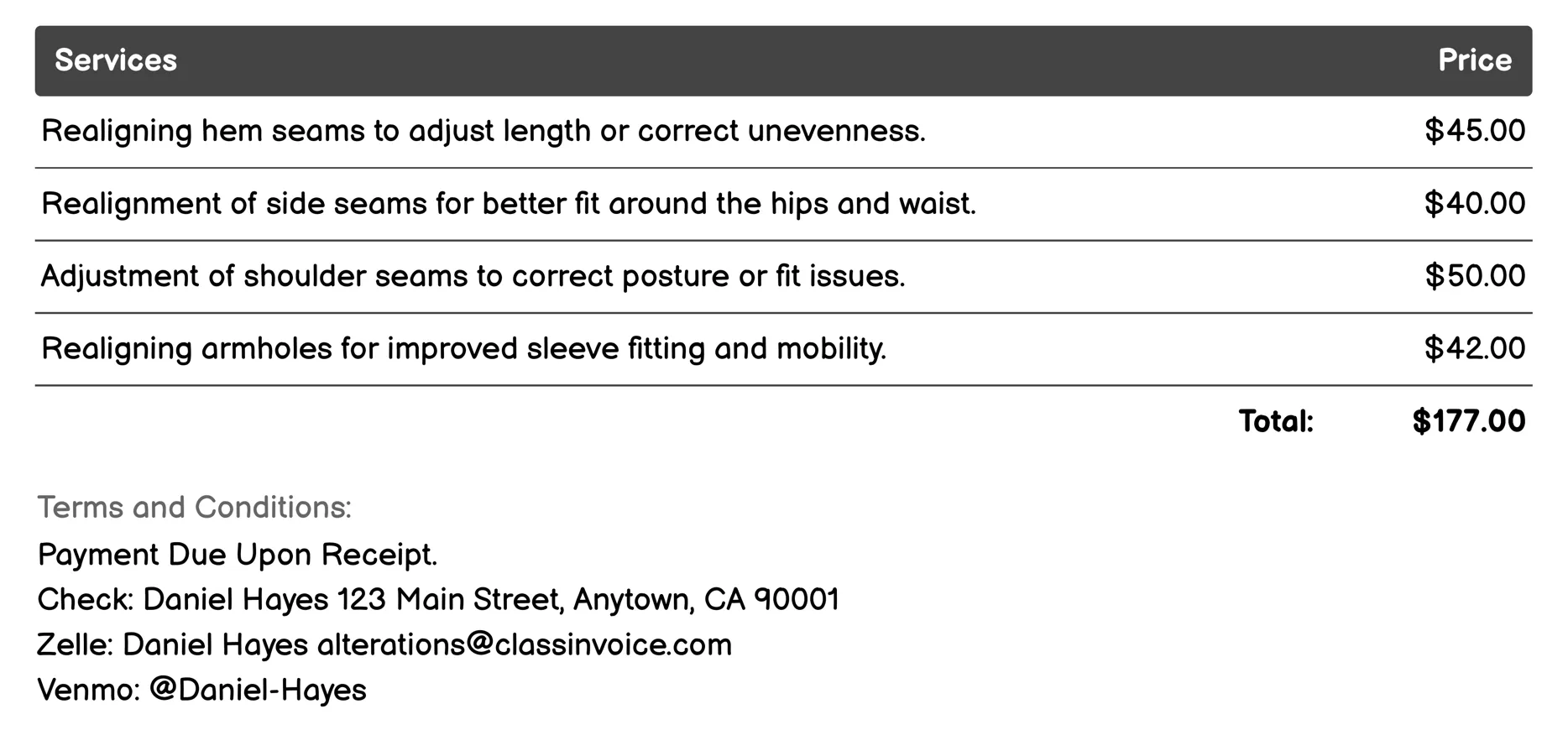 Seam Realignment Invoice Example