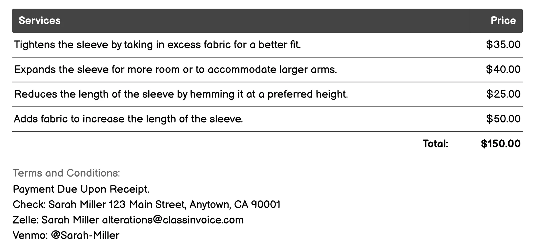 Sleeve Alteration Invoice Example