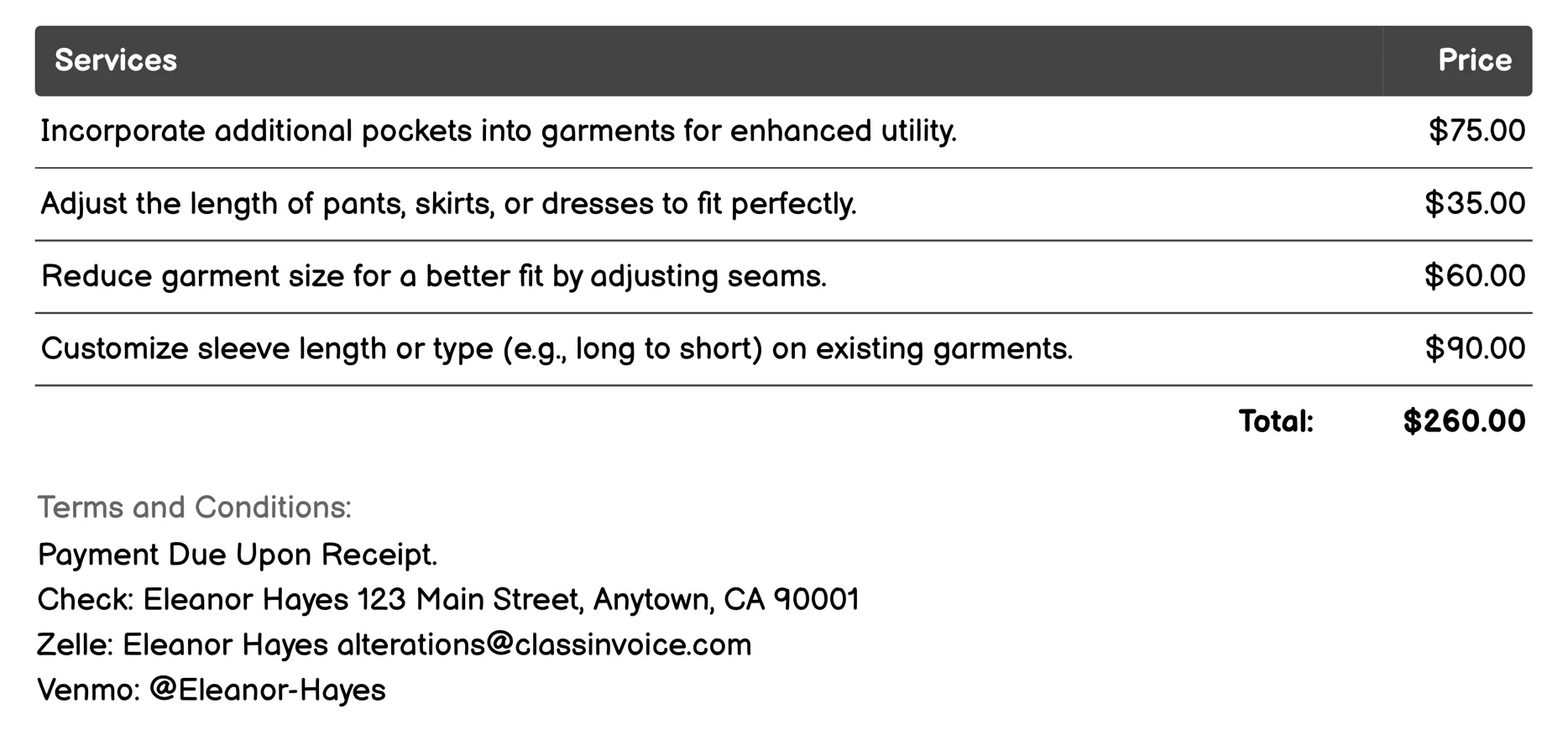 Wardrobe Expansion Invoice Example