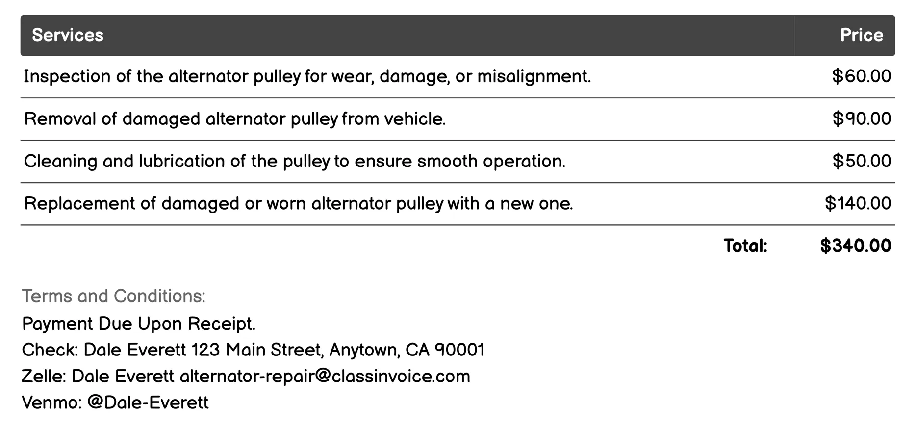 Pulley Repair or Replacement Invoice Example