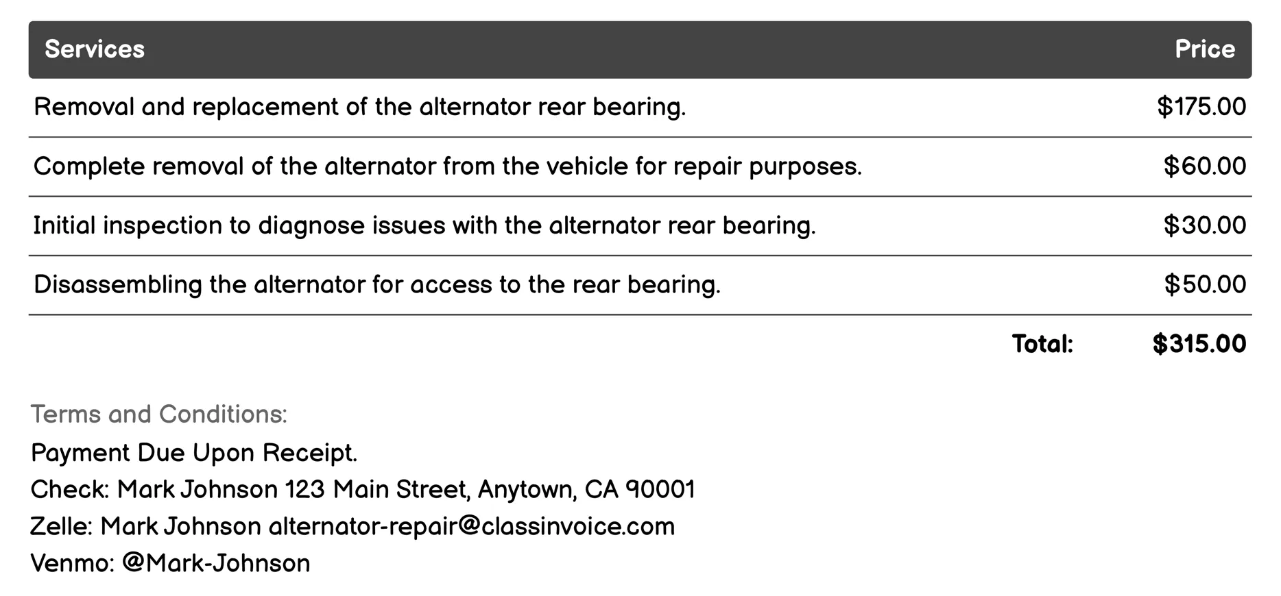 Rear Bearing Replacement Invoice Example