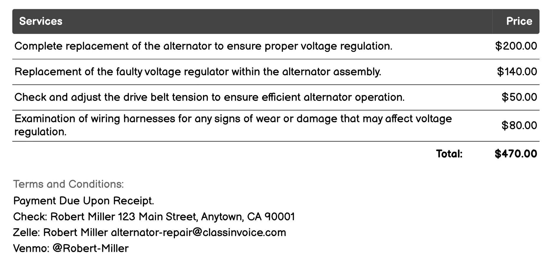 Voltage Regulation Repair Invoice Example