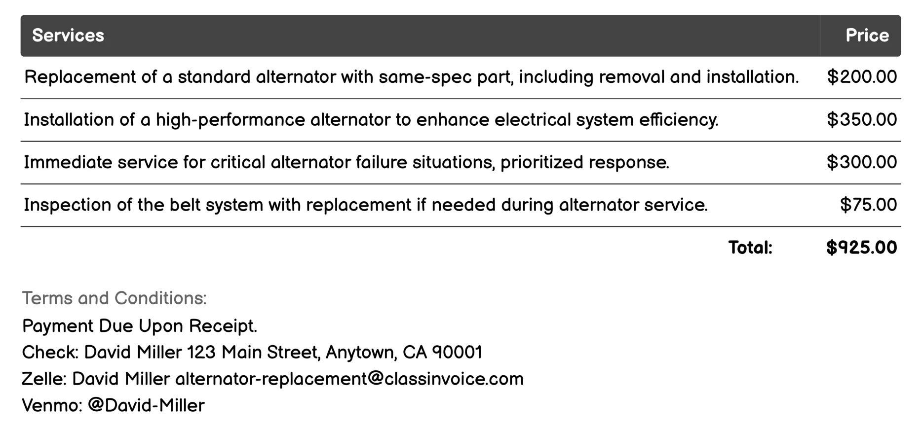 Mobile On-Site Alternator Replacement Invoice Example