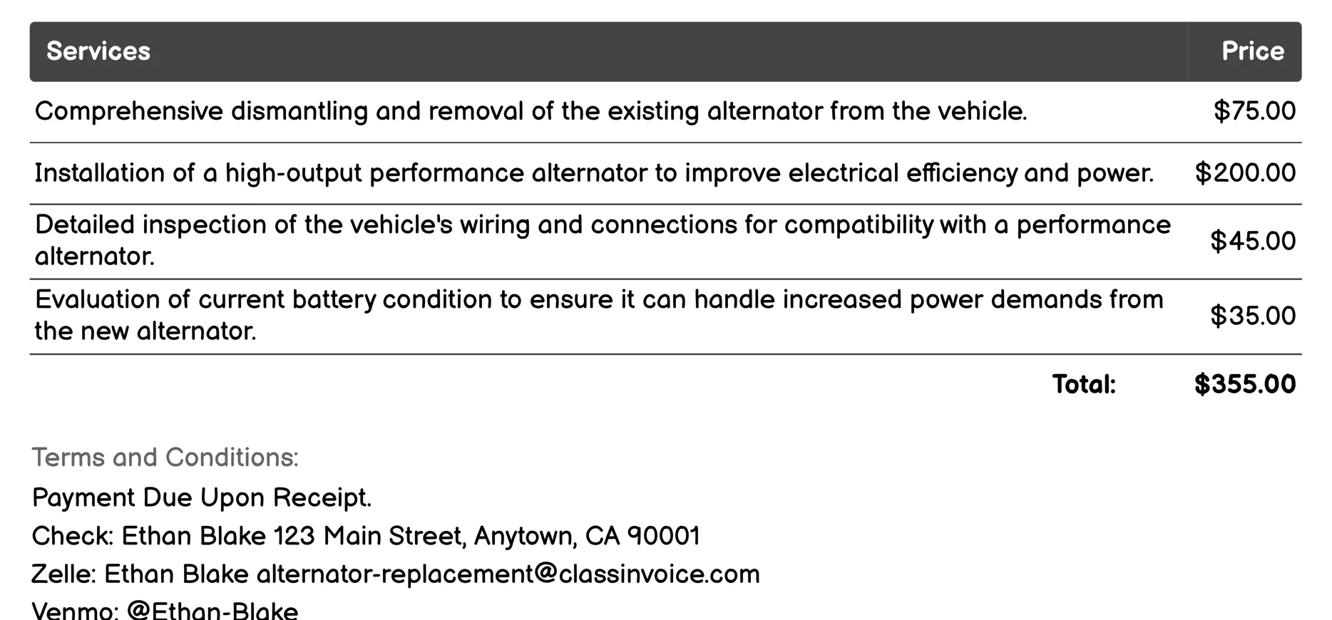 Performance Alternator Upgrade Invoice Example