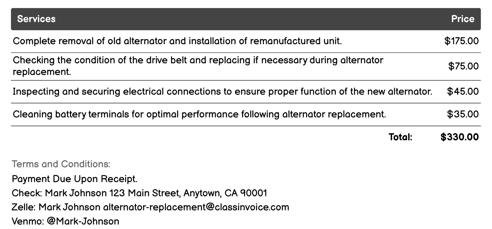 Remanufactured Alternator Replacement Invoice Example
