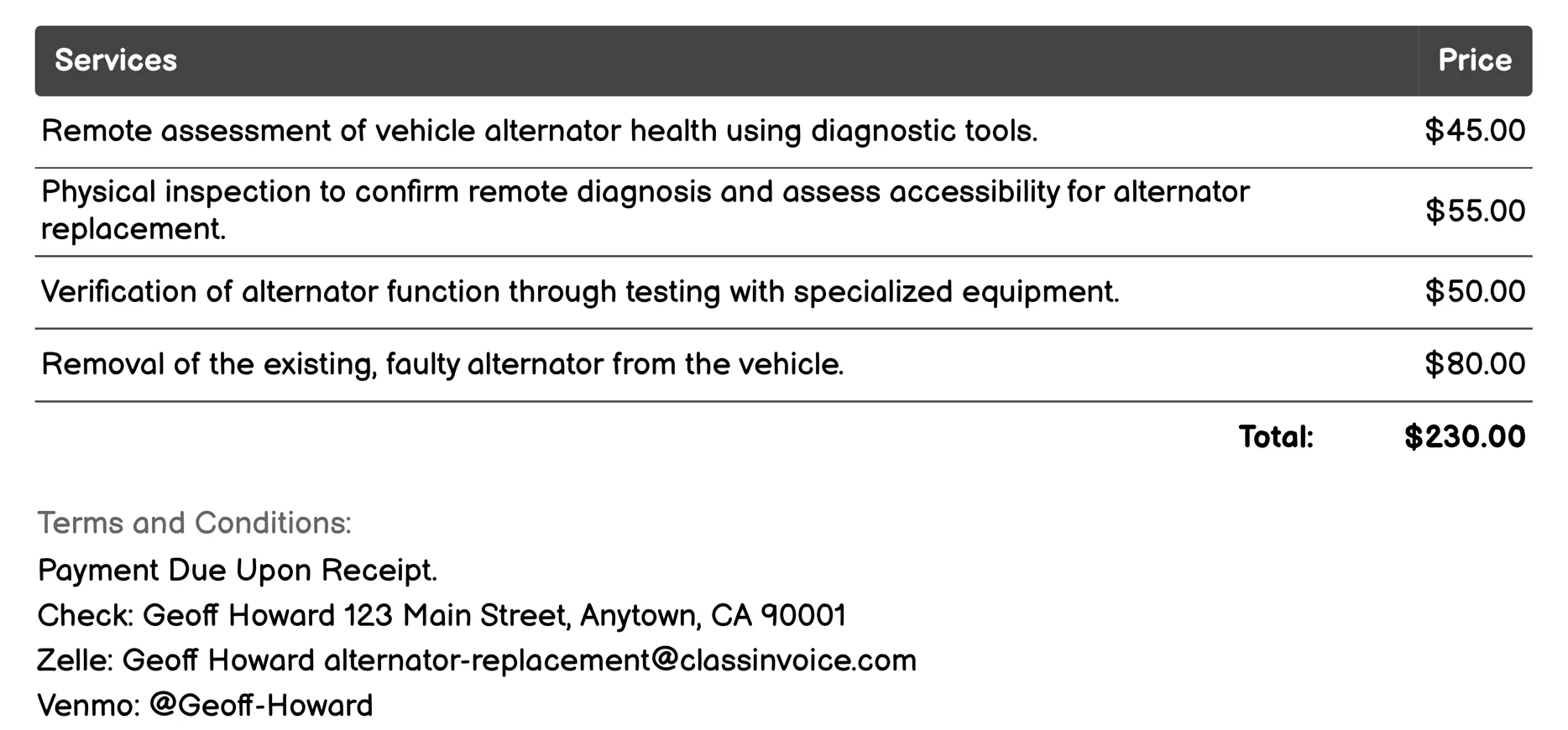 Remote Diagnosis & Alternator Replacement Invoice Example