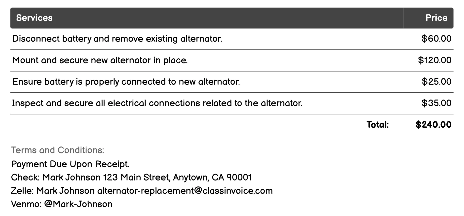 Standard Alternator Replacement Invoice Example
