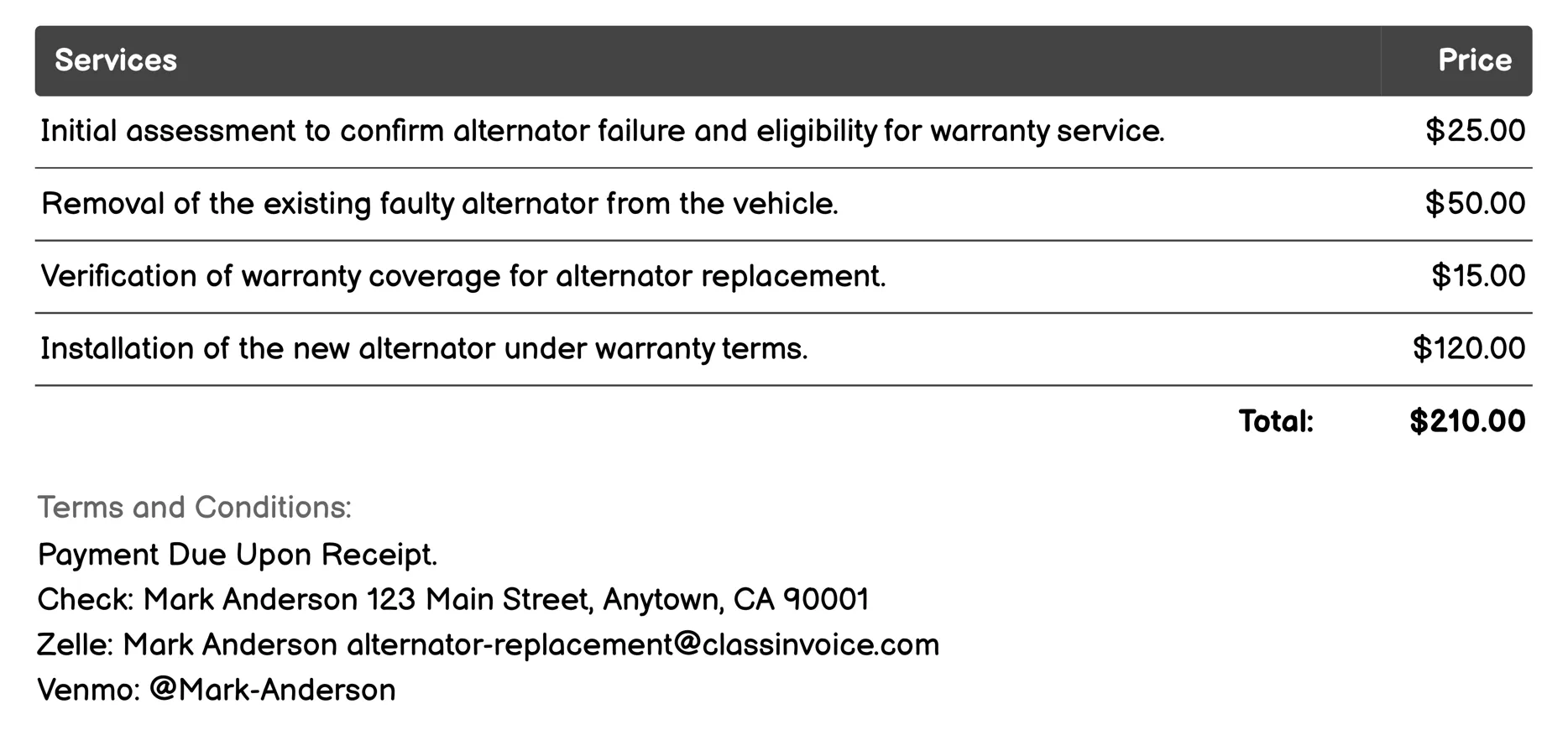 Warranty Service for Alternator Replacement Invoice Example