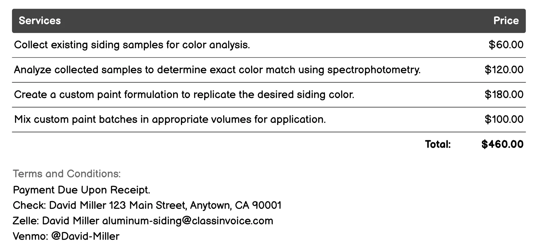 Color Matching Invoice Example