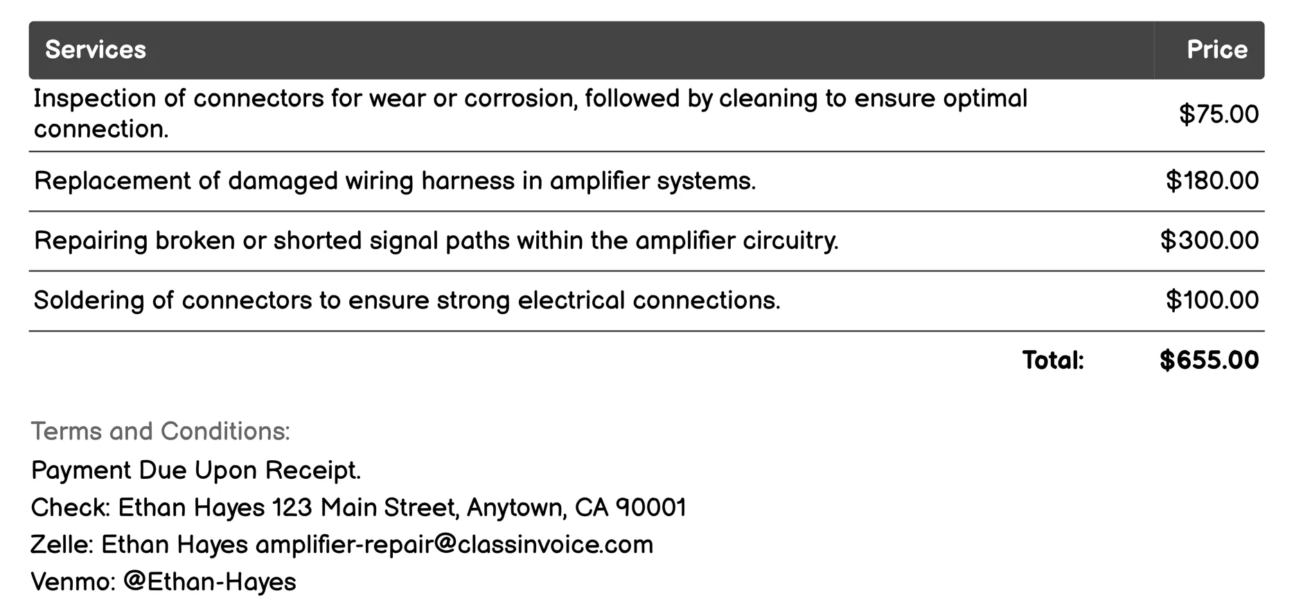 Connector and Wiring Repair Invoice Example