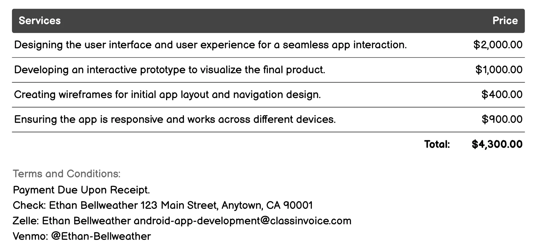 Mobile App Design Invoice Example