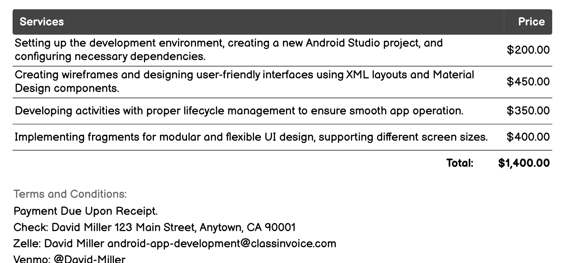 Native Android Development Invoice Example