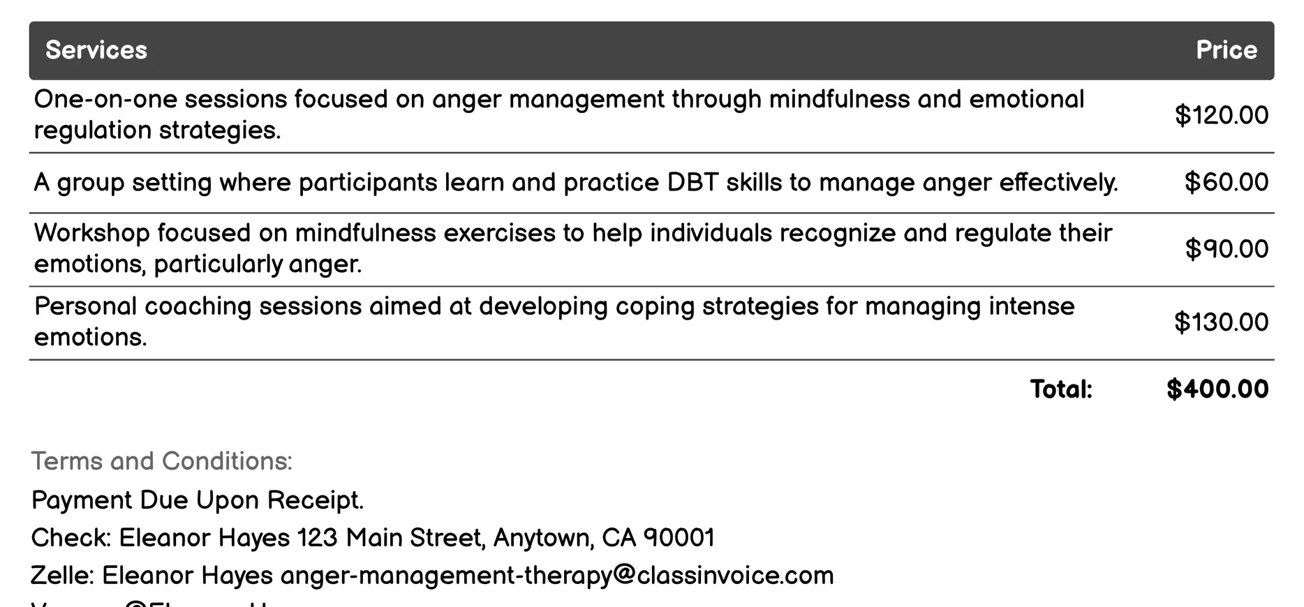 Dialectical Behavior Therapy (DBT) Invoice Example