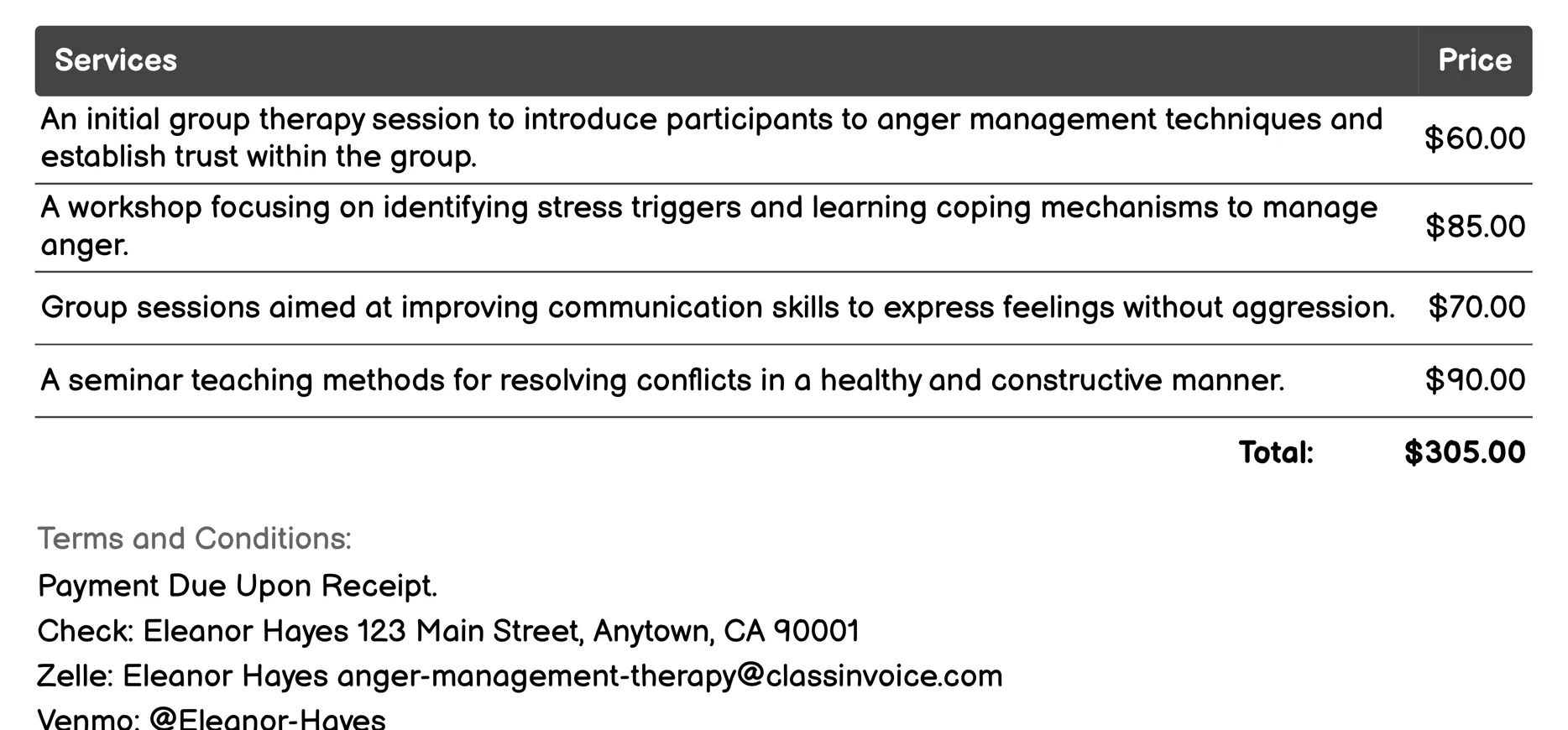 Group Therapy Invoice Example