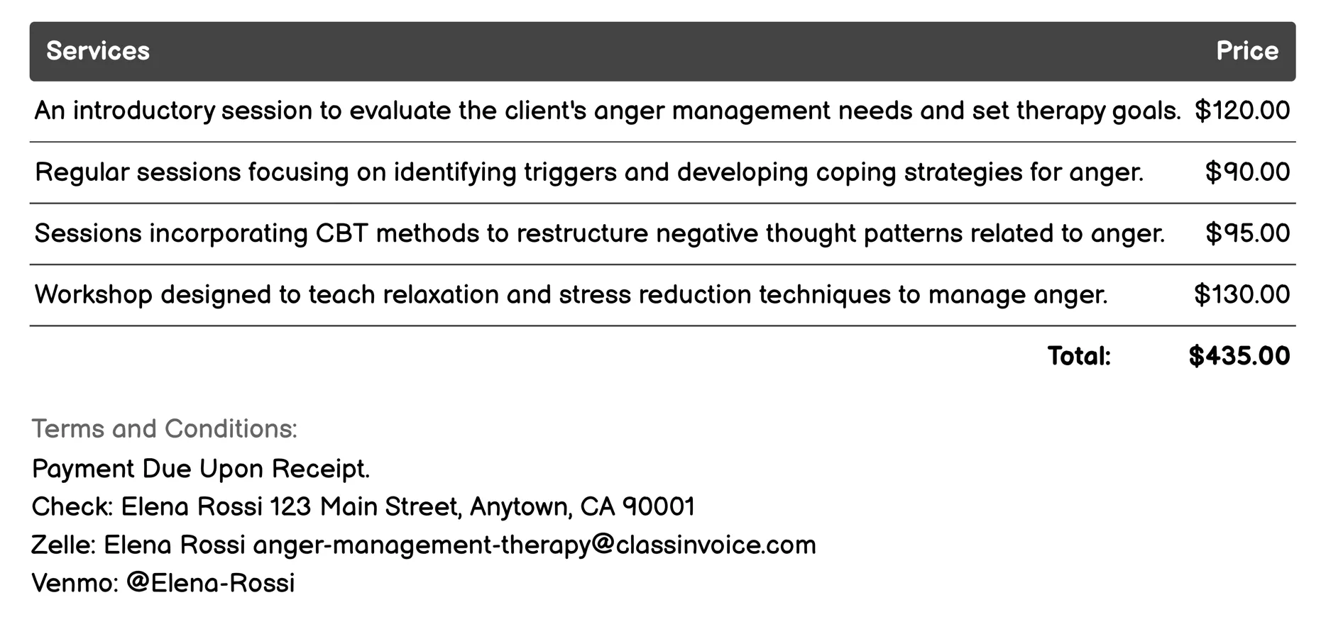 Individual Counseling Invoice Example