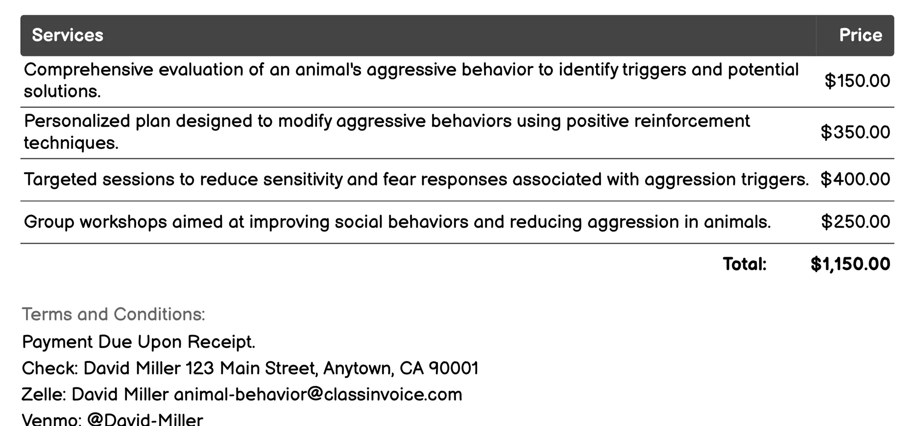 Aggression Management Invoice Example