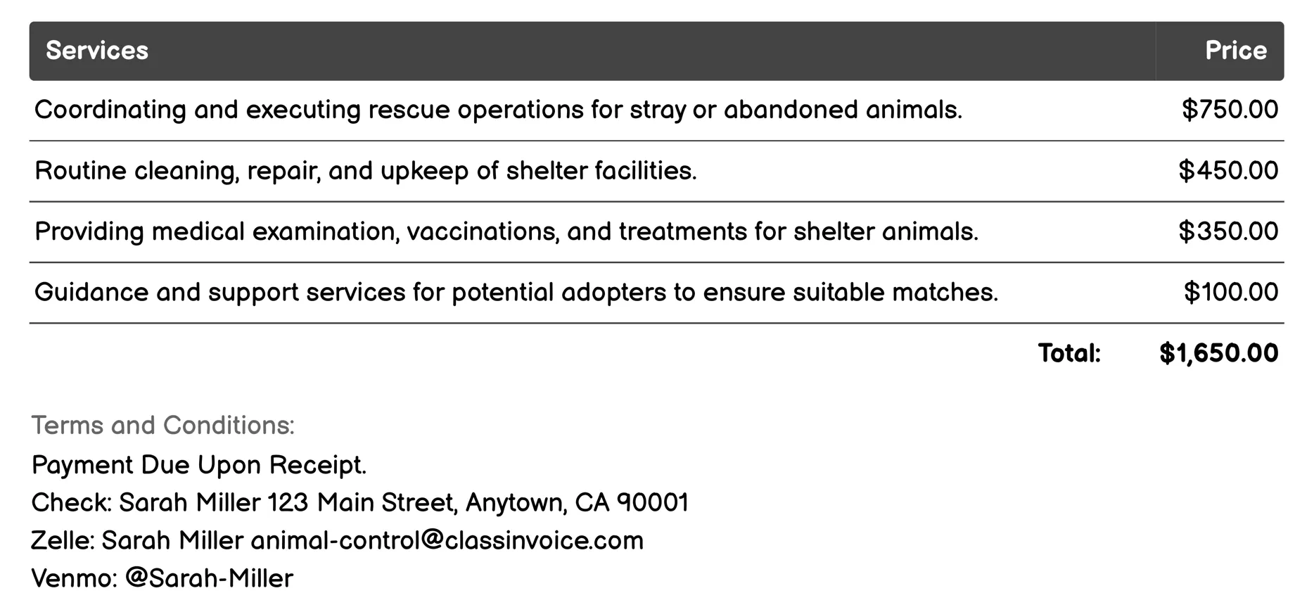 Animal Sheltering Invoice Example