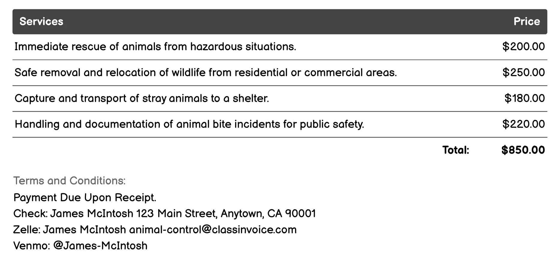 Emergency Response Services Invoice Example