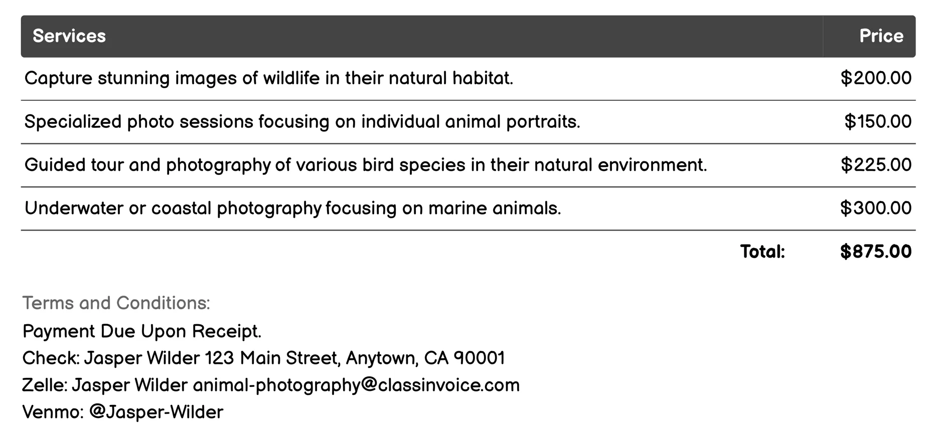 Wildlife Photography Invoice Example