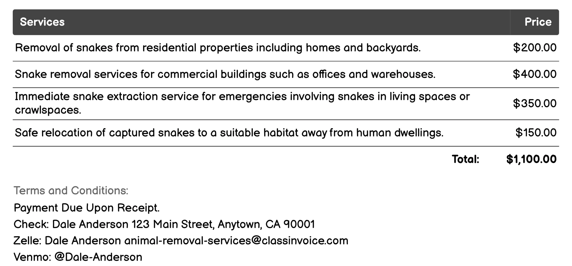 Snake Removal Invoice Example