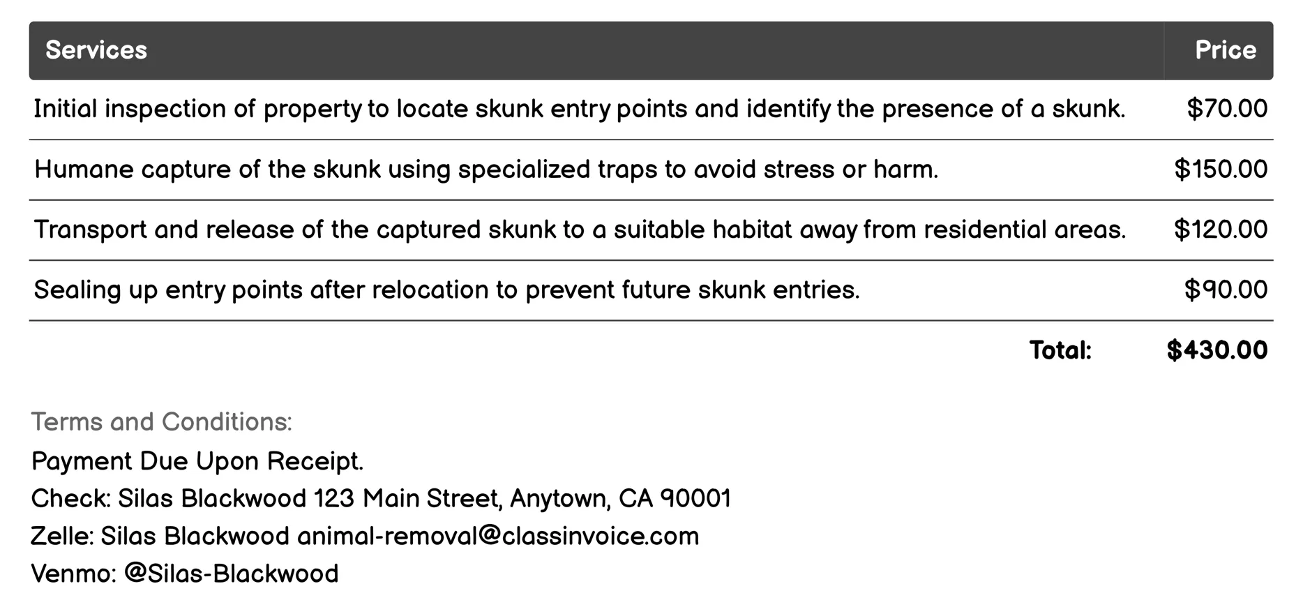 Skunk Relocation Invoice Example