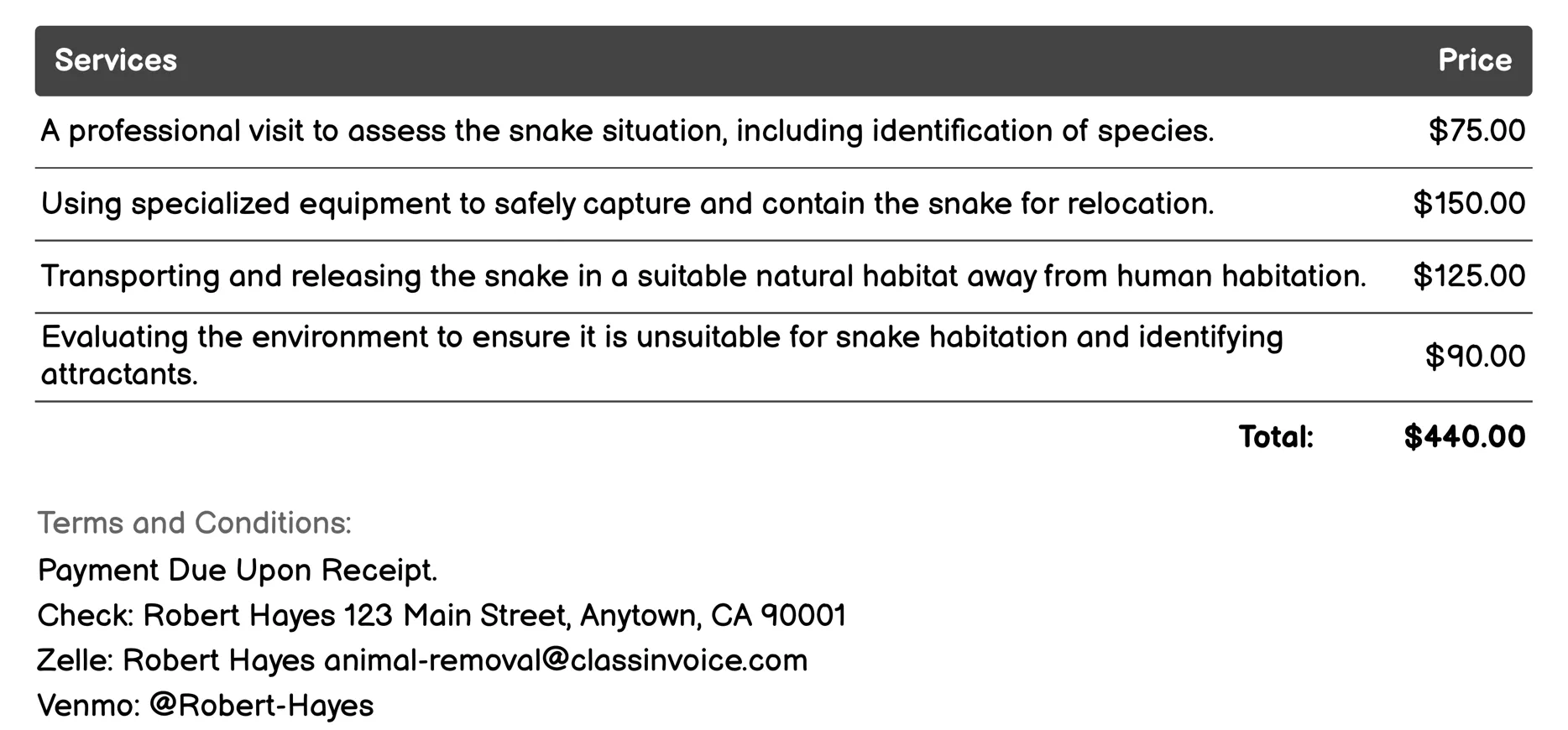 Snake Relocation Invoice Example